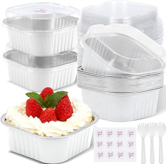 100 Pack White 10oz Mini Cake Pans With Lids, Aluminum Foil Square Brownie Baking Cups,Disposable 4”x4” Large Cupcake Pan,Jumbo Muffin Tin Ramekins Holders