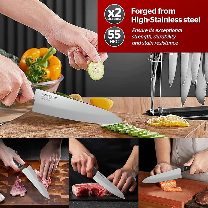 Sunhouse Chef Knife 7.5 Inch Ultra Sharp Kitchen Knife - High Carbon Stainless Steel, Ergonomic Non-Slip Handle, Apartment Essentials, Fathers Day Gift for Dad Husband Him