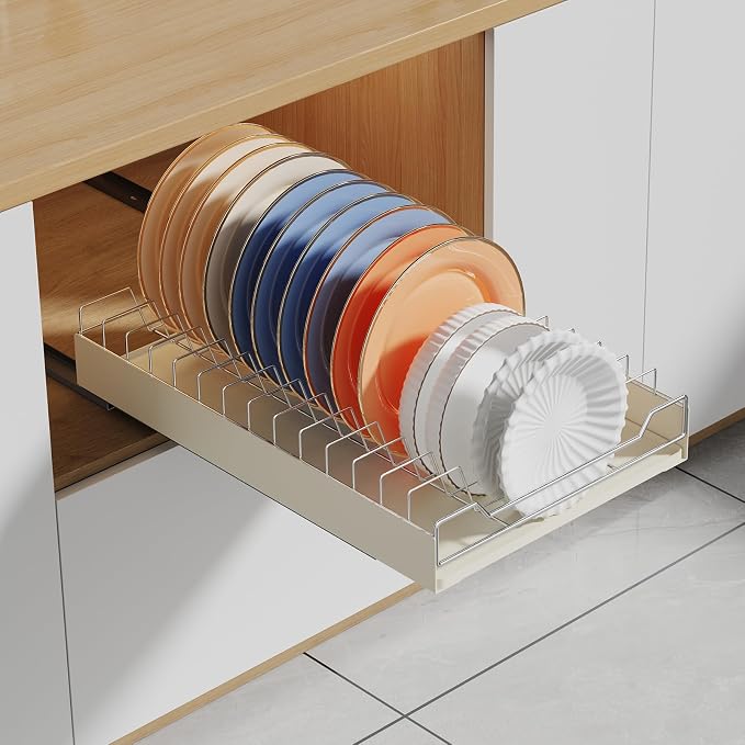LinTimes Expandable Pull-Out Cabinet Organizer, Stainless Steel + Carbon Steel Cabinet Frame Dish Rack, Upgraded Sliding Drawer, 42.3 * 30 * 7.5cm White