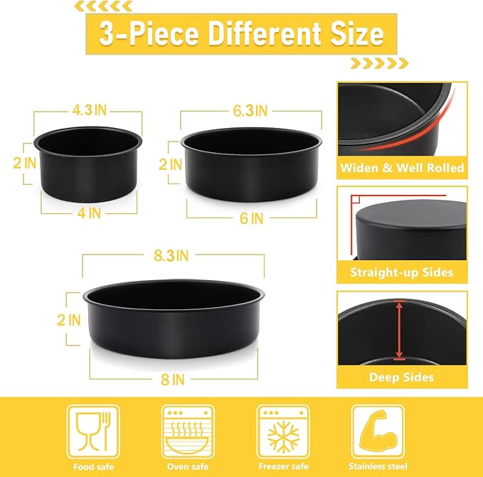E-far 3-Piece Cake Pan(4/6/8 Inch), Nonstick Stainless Steel Round Baking Cake Pans, Metal Cake Mold Tins for Birthday/Wedding, Stainless Steel Core & Non-toxic Coating, Straight Side & 2 Inch Deep