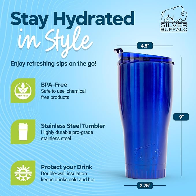 Silver Buffalo Double Walled Vacuum Insulated Stainless Steel Tumbler With Flip Top Lid Keeps Hot and Cold, Travel Coffee Mug Leakproof Lid, 30 Ounces, Royal Blue