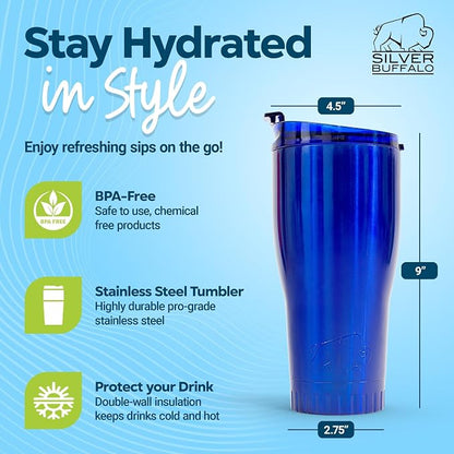 Silver Buffalo Double Walled Vacuum Insulated Stainless Steel Tumbler With Flip Top Lid Keeps Hot and Cold, Travel Coffee Mug Leakproof Lid, 30 Ounces, Royal Blue