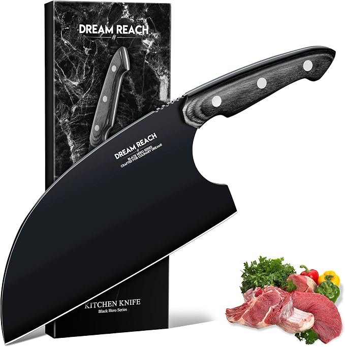 Dream Reach Serbian Chef Knife - Full Tang Butcher Cleaver for Meat Vegetables, Hand Forged Black Chopping Knife for Kitchen Birthday Mother Father Gift Idea