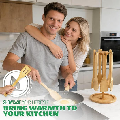 7 Piece Bamboo Wooden Kitchen Cooking Utensils Set Spoons for Eating Appliances and Gadgets with Holder, Home and Kitchen Essentials Gifts for People Who Love to Cook