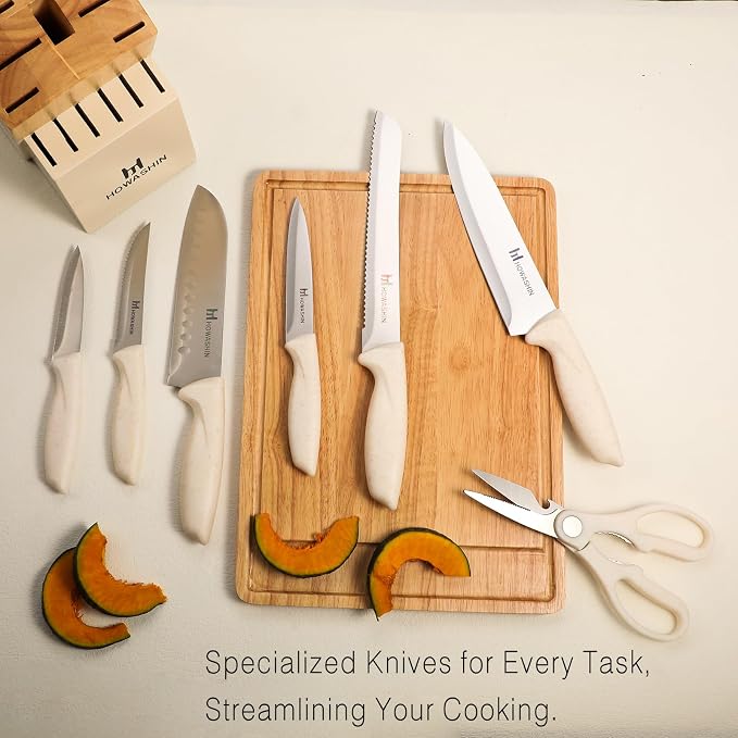 White Knife Set, 14 Pieces Kitchen Knife Set with Knife Sharpener, Knife Set with Block, High Carbon German Stainless Steel Knives Set