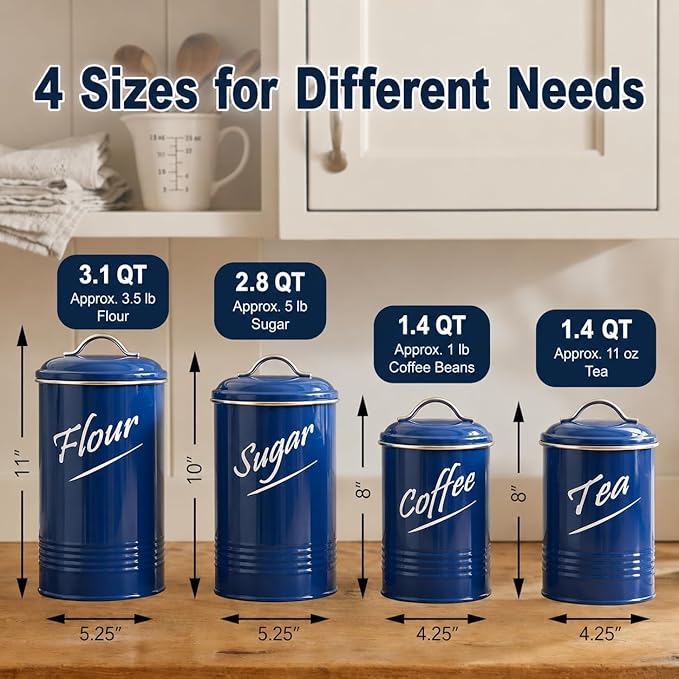 Hillbond Kitchen Canister Set of 4, Airtight Stainless Steel Food Storage Containers with Lids, Flour Sugar Coffee Tea Canisters for Countertop, Metal Kitchen Storage Jars, Navy Blue