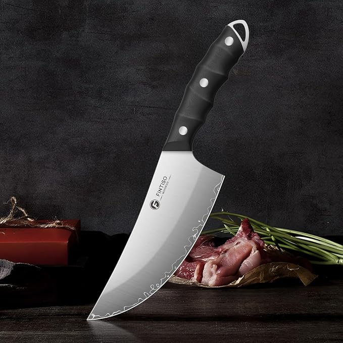 FINTISO Viking Butcher Knife, 6.9 Inch Hand Forged Meat Cleaver Knife with 5-Layer High Carbon Stainless Steel, Full Tang G10 Handle, Ideal for Kitchen, BBQ, Camping & Outdoor Cooking