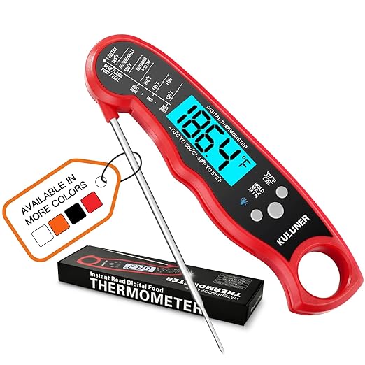 KULUNER Instant Read Meat Thermometer, Digital Food Thermometer with 4.6" Folding Probe, IP67 Waterproof, Backlight & Calibration, 2-3s Fast Reading for Kitchen Grilling BBQ Cooking Candy - Red