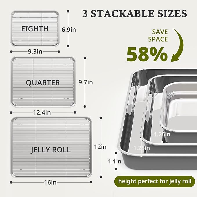 BRONYPRO Stainless Steel Baking Sheet with Wire Rack Pan (3 Pans + 3 Racks), Cookie Sheets 9/12/16 In, Non-Toxic (PFOA & PTFE Free), Solid Warp-Resistant Cooking Trays for Oven & Toaster, Gray