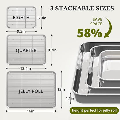 BRONYPRO Stainless Steel Baking Sheet with Wire Rack Pan (3 Pans + 3 Racks), Cookie Sheets 9/12/16 In, Non-Toxic (PFOA & PTFE Free), Solid Warp-Resistant Cooking Trays for Oven & Toaster, Gray