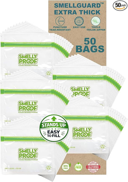 Smelly Proof 50 x Reusable Food Storage Bags, Reusable Snack Bags, Stand-Up Expandable “Stand & Fill”, Dishwasher-Safe, Clear 3-Mil 6” x 4”, US Made, BPA FREE, NO PEVA, 50-pk