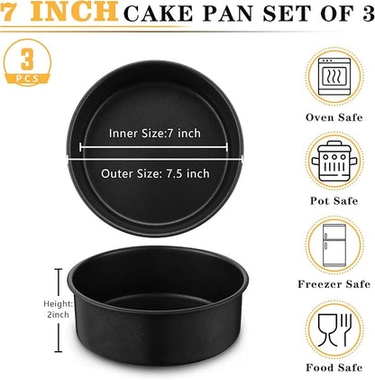 E-far 7 Inch Round Cake Pan Set of 3, Nonstick Stainless Steel Baking Pans Tin, Bakeware for Layer Cakes, Stainless Steel Core & Non-toxic Coating, Straight Side & 2 Inch Deep