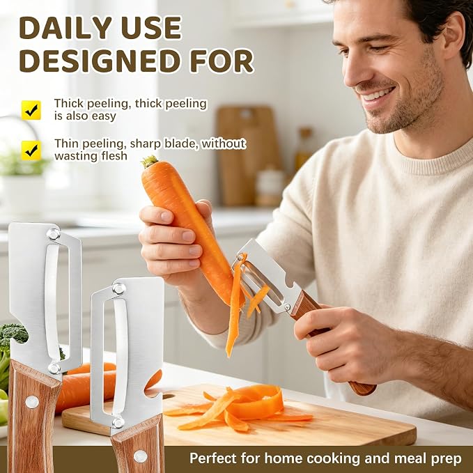 2 Pack 2-in-1 Vegetable Peeler with Bottle Opener - Stainless Steel Blade, Wooden Handle, Heavy Duty Peeler for Potato, Carrot, Pineapple, Pumpkin, Sugarcane(Left and Right Combo)