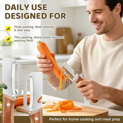 2 Pack 2-in-1 Vegetable Peeler with Bottle Opener - Stainless Steel Blade, Wooden Handle, Heavy Duty Peeler for Potato, Carrot, Pineapple, Pumpkin, Sugarcane(Left and Right Combo)