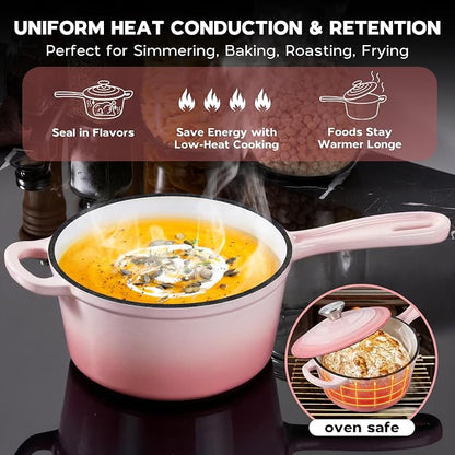 Onader Cast Iron Sauce Pan Pot, 2QT Small Saucepan with Lid, Enameled Cast Iron Dutch Oven Cooking Kitchen Pot – Pink