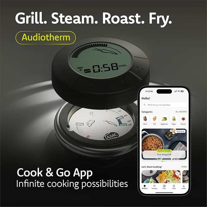 A by AMC - Daily Pro Stainless Steel Cookware Set with Smart Temperature Guidance - 11" Frying Pan with Lid + Digital Cooking Assistant - Even Heat Akkutherm Base - Induction Compatible