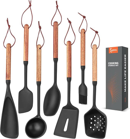 Silicone Cooking Utensils Set of 7 Pack, Wood Handle Heat-Resistant Kitchen Utensils, Non-Stick Cookware Safe - Include Spatula, Spoon, Ladle, Bowl Scraper, Basting Brush for Cooking, Baking, BBQ