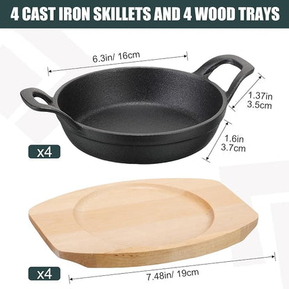 Sliner 4 Sets Mini Cast Iron Skillet Small Cast Iron Plates Skillet with Wooden Base Small Round Pan Fajita Plate Pot for Baking Cooking(6.3 Inches)