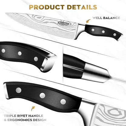 SCOLE® Chef Knife Ultra Sharp Kitchen Knife Set 7-Piece, Premium German 1.4116 Stainless Steel Chefs Knife Set, Ergonomic Handle Professional Full Tang Knives Set for Kitchen with Gift Box