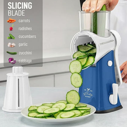 Zulay Kitchen Rotary Cheese Grater 5 Blade Cheese Shredder - Manual Hand Crank Cheese Grater With Reinforced Suction & 5 Interchangeable Drums - Easy to Use, Vegetable Chopper Round Mandoline Slicer