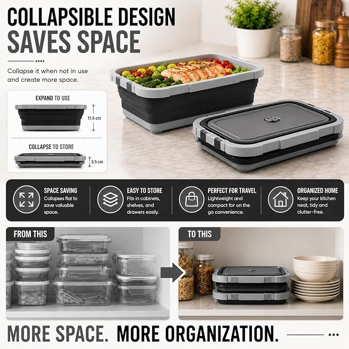 Pamper Paws 2-pack XL Collapsible BBQ Prep Tub with Cutting Board – Foldable Food Prep Container for Outdoor Cooking & Kitchen Use – Space Saving Collapsible Wash Tub, Portable BBQ Prep Tub (Black)