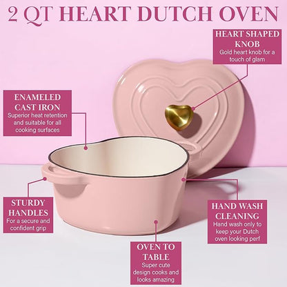 Paris Hilton Enameled Cast Iron Dutch Oven Pot with Lid, Heart-Shaped Dutch Oven, Durable Cast Iron Pot with Dual Handles, Oven Safe to 500°F, Works on All Stovetops, 2-Quart, Pink