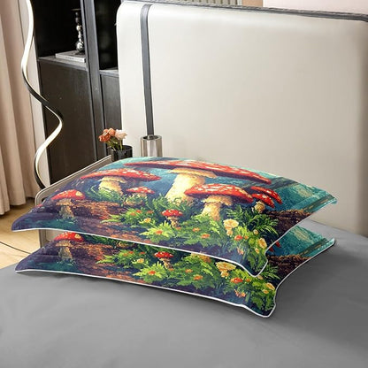 Red Mushroom 100% Nature Cotton Duvet Cover Jungle Wild Plants Trees Comforter Cover Twin Size with 1 Pillowcase Cartoon Pixelated Construct Games Aesthetic Luxury Bedding Set (No Filler)