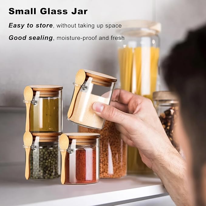Spice Jars with Label 7oz Glass Storage Containers with Lids and Spoon Small Glass Jars for Overnight Oats Cereal Containers Storage Meal Prep Jars for Sugar Yogurt Chia Pudding Salt Candy 8pcs