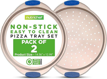 NutriChef 13-Inch Non-Stick Pizza Tray with Silicone Handle - Perforated Round Steel Pan, Dishwasher Safe - 2 Pack - Champagne Gold