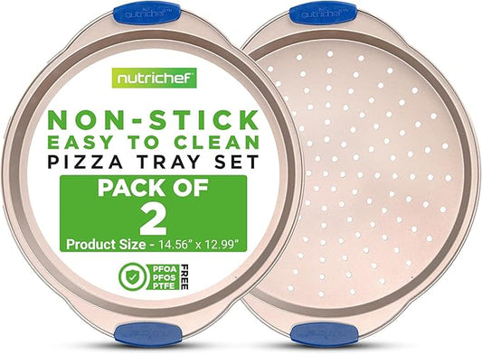 NutriChef 13-Inch Non-Stick Pizza Tray with Silicone Handle - Perforated Round Steel Pan, Dishwasher Safe - 2 Pack - Champagne Gold