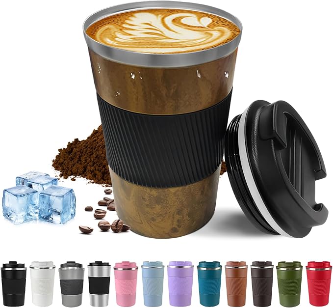 SPLMIFA Vacuum Insulated Stainless Steel Travel Coffee Mug with Lid, Leak-Proof Reusable Thermal Cup Keeps Drinks Hot & Cold for Hours, Durable Portable Tumbler for Men & Women (3rd-Wood Grain, 12OZ)