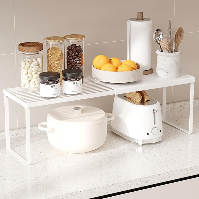 Magheo Expandable Cabinet Shelf Organizer, 1 Pack Stackable Kitchen Counter Shelf Riser, Metal Spice Rack Heavy Duty Countertop Organizer Storage for Kitchen, Pantry, Cupboard, Rv (8.7in Height,White)