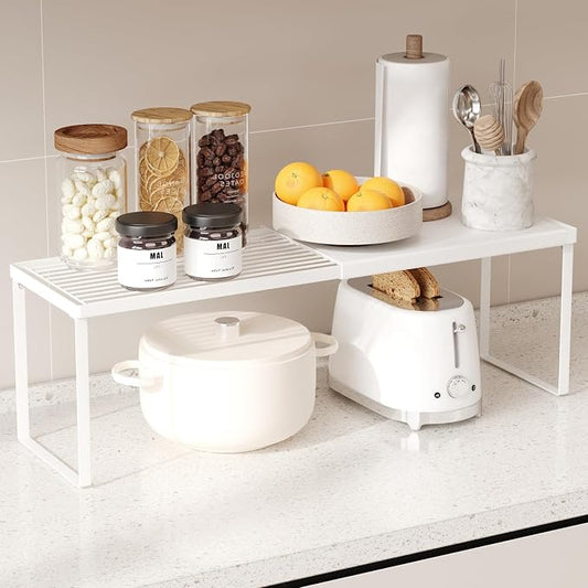 Magheo Expandable Cabinet Shelf Organizer, 1 Pack Stackable Kitchen Counter Shelf Riser, Metal Spice Rack Heavy Duty Countertop Organizer Storage for Kitchen, Pantry, Cupboard, Rv (8.7in Height,White)