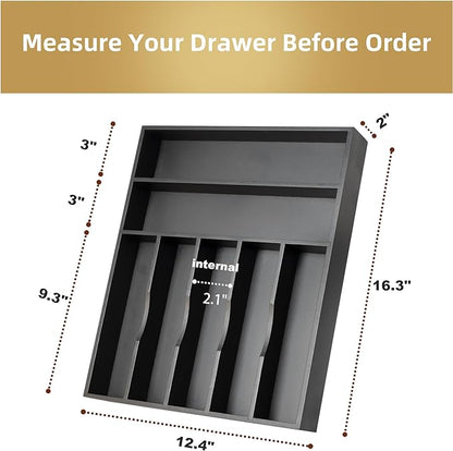 Silverware Organizer Bamboo Kitchen Drawer Organizer Utensil Organizer Silverware Holder Cutlery Organizer in drawer Flatware Organizer Tray (Black 7 Slots)