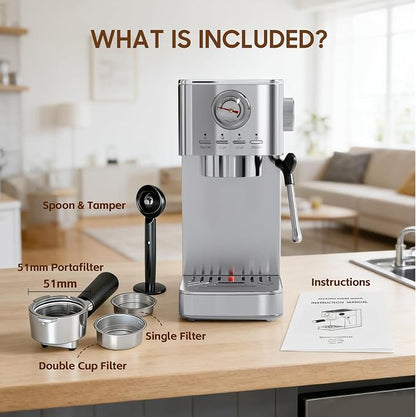 Espresso Machine, 20 Bar Visible High Pressure Gauge, 47 OZ Water Tank with Milk Frorther Silver, Automatic Stainless Steel Espresso Maker, Gift for Coffee Machine Enthusiasts