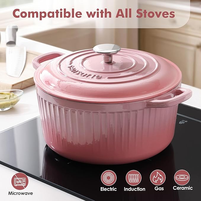 SENSARTE Enameled Cast Iron Dutch Oven Pot with Lid 3.5/5.5/6.5 Quart Heavy-Duty Round Dual Handles Kitchen Pot with Cotton Potholders & Silicone Trivet, Pot for Bread Baking, Stews, Braising, Roasting, Oven Safe, 3.5 Quart, Pink