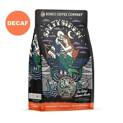 Bones Coffee Company Decaf Salty Siren, Sea Salted Caramel Chocolate Decaffeinated Flavored Coffee, Medium Roast Low Acid Arabica Beans For Auto drip and French Press Coffee Maker, 12 Oz Whole Bean