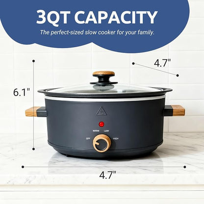 3 Quart Slow Cooker with Aluminum Inner Pot, 3 Temperature Settings, Dishwasher-Safe Removable Pot & Glass Lid, Wood-Grain Handle Design, Compact Electric Cooker for Home Meals, Black