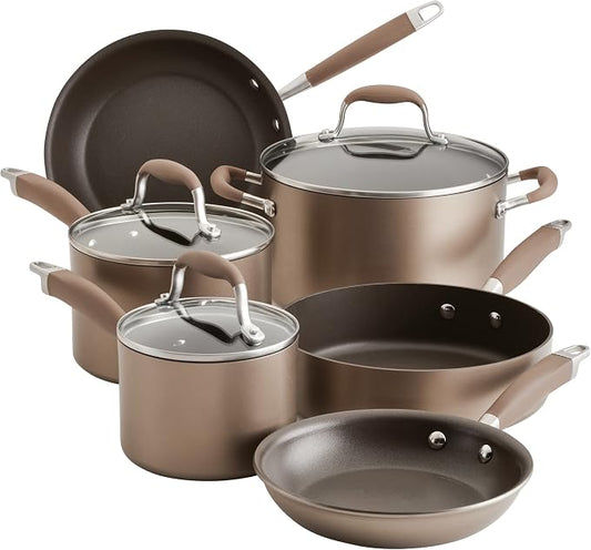 Anolon Advanced Home Hard Anodized Nonstick Cookware Set, Non Stick Pots and Pan Set, 9-Piece, Bronze