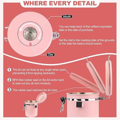 ShanSon Coffee Canister Airtight, Stainless Steel Bean Storage Container with Date Tracker & Scoop, Grounds Sugar Flour Tea Cereal Fits Kitchen Pantry, Ideal Gift for Coffee Lovers,16oz, Pink