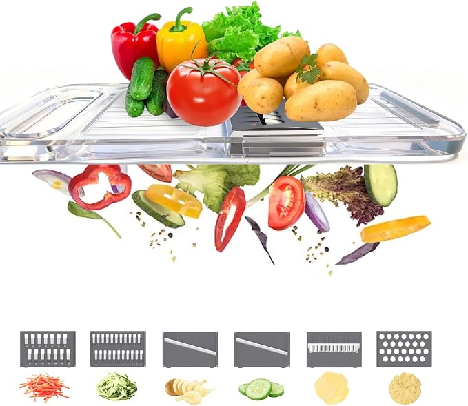ZKIRON Mandoline Slicer for Kitchen - 6-in-1 Multifunctional Vegetable Cutter with Transparent Body & Safe Hand Guard, Compact Stainless Steel Food Slicer for Salad, Potato, Onion