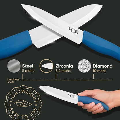 Vos Ceramic Knife Set with Block, Ceramic Knives Set For Kitchen, Ultra Sharp Kitchen Knife Set with Covers, 3" 4" 5" 6" Chef Knife, Utility, Paring & Versatile, Lightweight, Dishwasher safe (Blue)