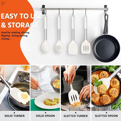 E-far Cooking Utensils Set of 4, Silicone Kitchen Utensils for Non-stick Cookware, Heat Resistant & Non-toxic Slotted Spatula Solid Spoon Turner for Flipping Mixing Serving Basting(White)