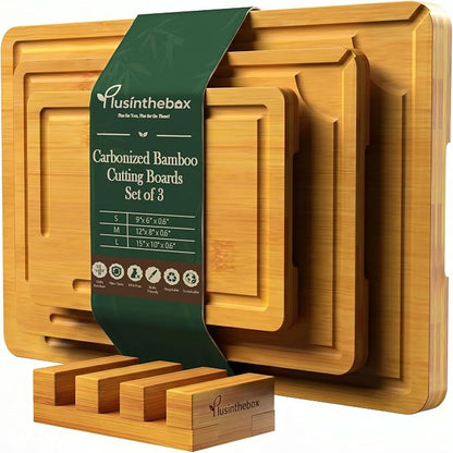 Bamboo Cutting Board Set with Holder, Set of 3 Wooden Cutting Boards for Kitchen, Butcher Block Carbonized Chopping Boards for Small Kitchen, Apartment, Meal Prep, Meat, Vegetables and Fruit