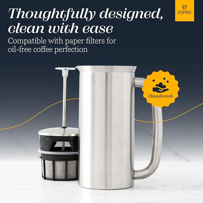 ESPRO Pro P7 Brushed Stainless Steel French Press 304 – Patented Double Walled Micro-Filter Insulated French Press Coffee Maker, Grit-Free Brew - Heat Resistant BPA Free - 18oz
