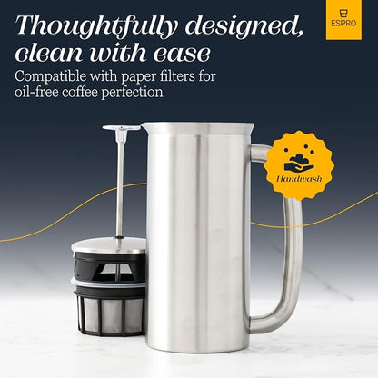 ESPRO Pro P7 Brushed Stainless Steel French Press 304 – Patented Double Walled Micro-Filter Insulated French Press Coffee Maker, Grit-Free Brew - Heat Resistant BPA Free - 18oz