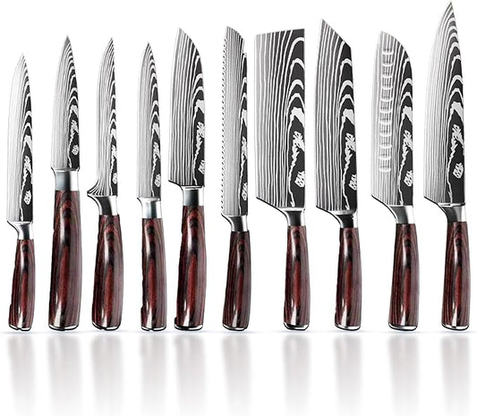 SG Silksway Gallery 10 PCS German Knife, High Carbon Stainless Steel Knife Set with Pakka Wood Handle, Built-in Sharpener, Chef Knife (10 PCS KNIFE SET)