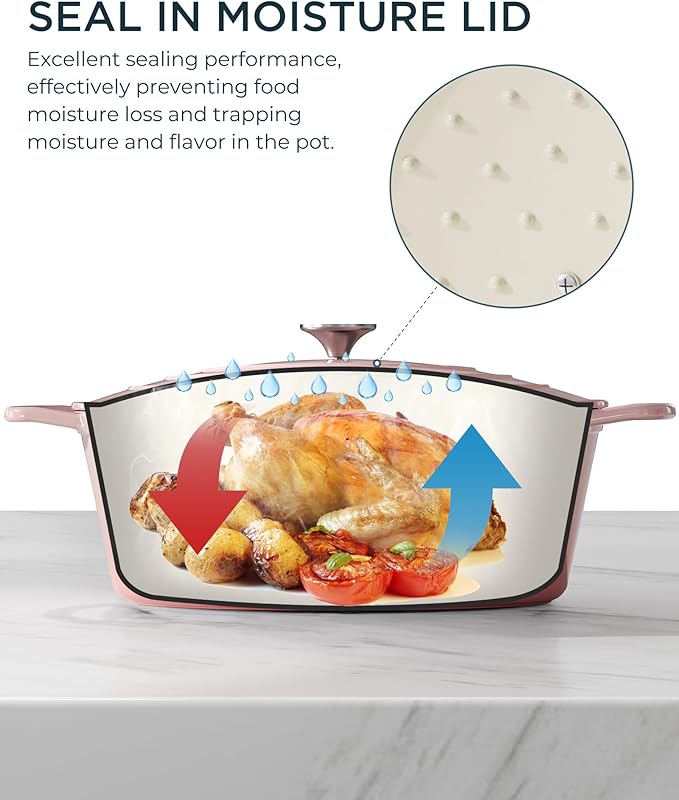 Enameled Cast Iron Dutch Oven - 9.3QT Dutch Oven Pot with Lid & Cotton Potholders - Heavy-Duty Non Stick Casserole Pot for Braising, Stews, Roasting, Baking, Suitable for All Stovetops, Gentle Pink
