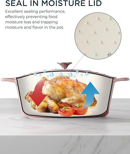Enameled Cast Iron Dutch Oven - 9.3QT Dutch Oven Pot with Lid & Cotton Potholders - Heavy-Duty Non Stick Casserole Pot for Braising, Stews, Roasting, Baking, Suitable for All Stovetops, Gentle Pink