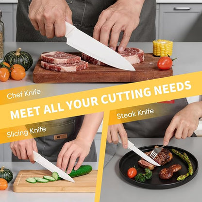 E-far Knife Set, 15-Piece Kitchen Knife Block Set with Sharpener, High Carbon Steel Chef Paring Steak Knives with Ergonomic Non-Slip Handle, Anti-Rust & Razor Sharp, White